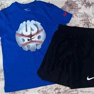 Nike Blue Tee with Baseball Graphic and Black Shorts
